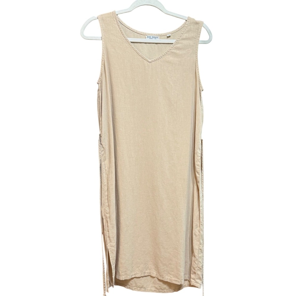 Lagenlook Sustainable Casual Tan Linen Blend VNeck Shift Dress Back Tie Sz XS